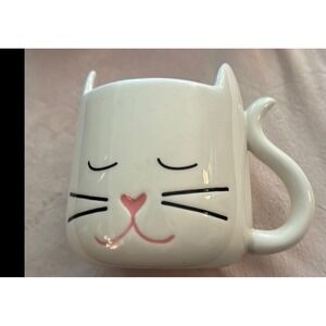 White Cat Shaped Coffee Mug with Tail Handle Whimsical Cute Coffee Cup
